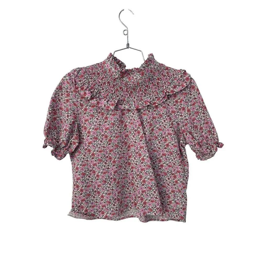 Zara Blouse Size Small Floral Smocked Ruffled High Neck Short Sleeves Bohemian